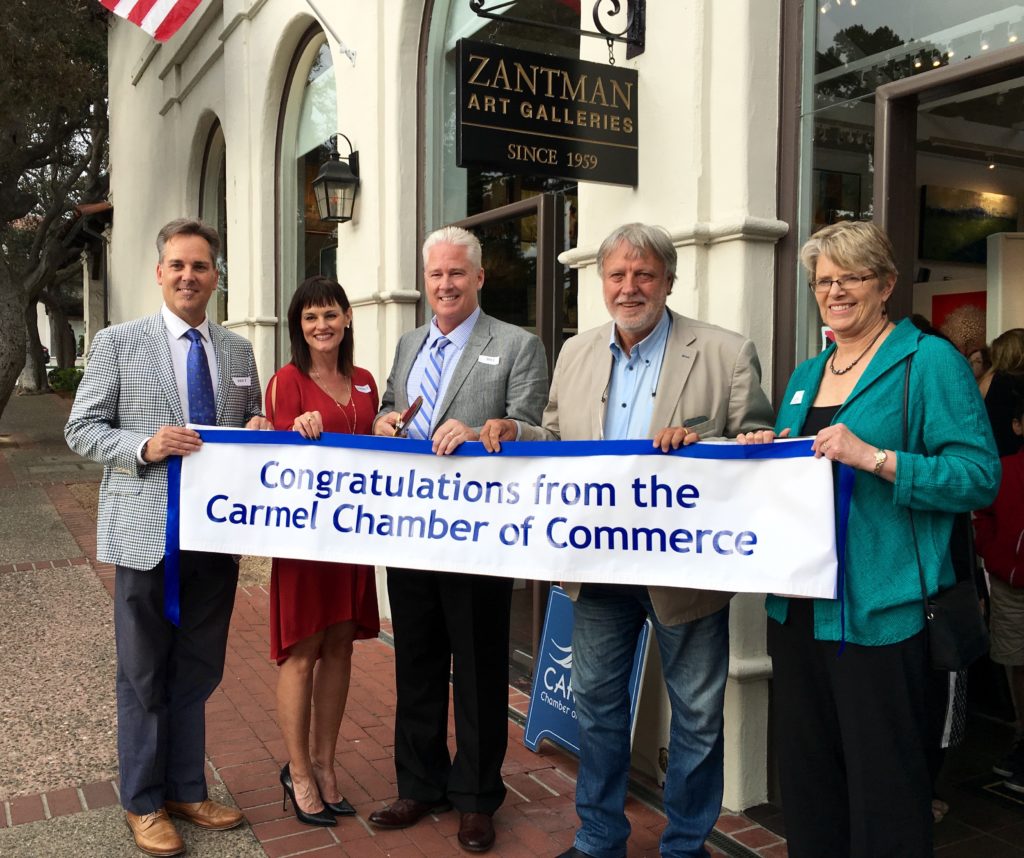 Carmel Chamber Ribbon Cutting at Zantman Art Gallery. L to R, Bret, Kimberly Yant, Bill Yant, owners, Pietro Piccoli, and Monta Potter, Carmel Chamber President and CEO